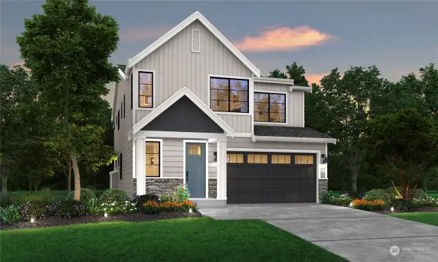 Plan 2473 Elevation B rendering. Details may not be exact. Ask about the exterior paint scheme selected for the listed property.