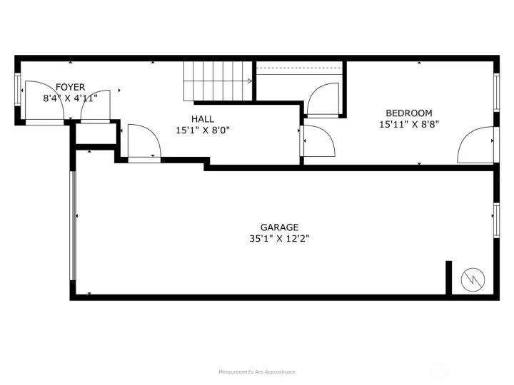Hall is wide, perfect for a bench against stair wall. Lower 4th bedroom has a very large storage closet. Door to exterior private large courtyard with privacy. Located next to the open space.