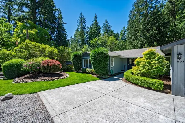 Specimen trees, rhododendrons & hedges complement the backdrop of native trees.