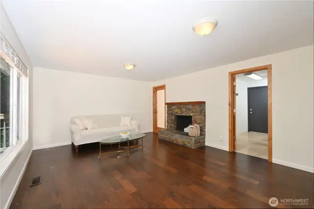 The stone-surround fireplace is an inviting spot on cool evenings.