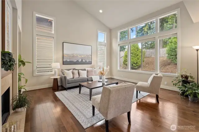 Welcome to the spacious and light-filled living room with vaulted ceilings