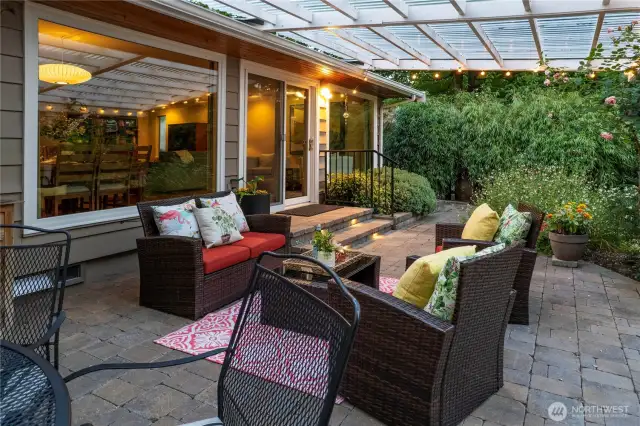 Dine al fresco and entertain outdoors through all Seattle weather, speaker system and lighting on patio.