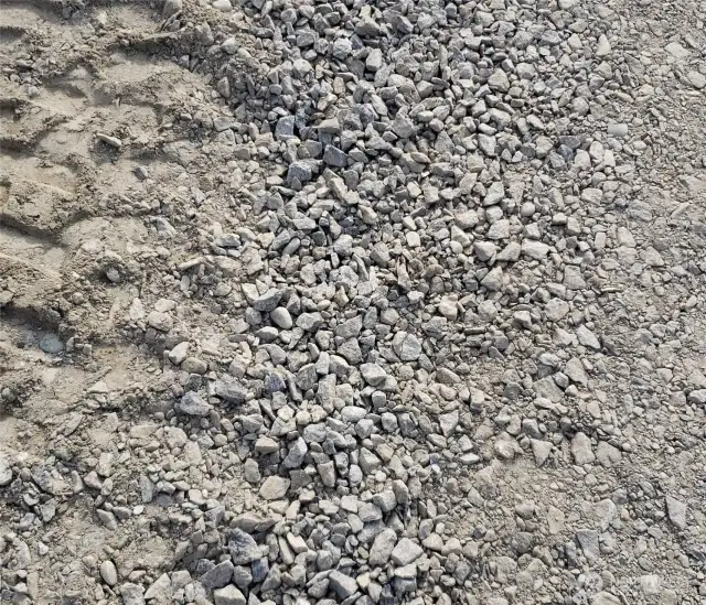Upclose look at thick gravel road with good traction.