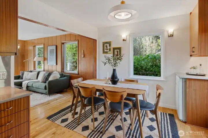 Dining area with extra bar space and beverage fridge.