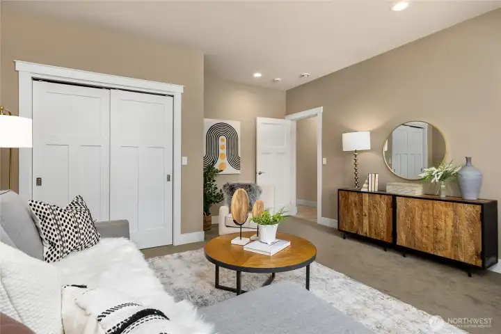 In the lower level, this bonus room offers great flex space: media room, guest bedroom, or home office.