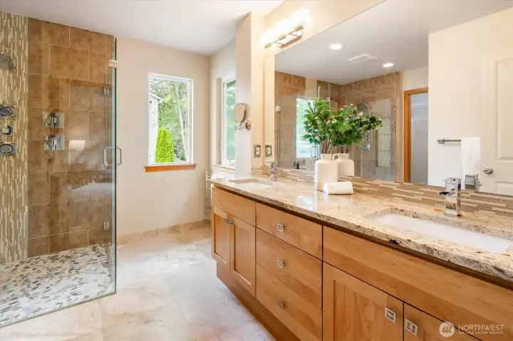 Primary en suite bathroom with heated tile floors Primary en suite bathroom with heated tile floors