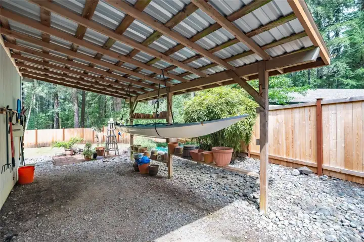 Covered storage for recreation equipment or gardening supplies