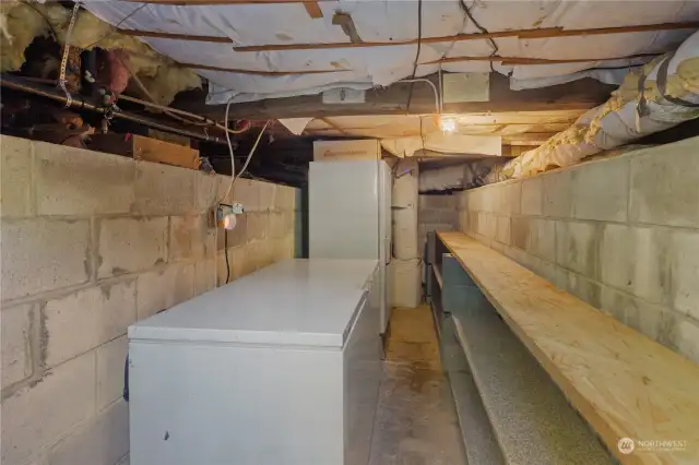This is the basement, accessed by exterior stairway to the right of the front door, shown in photo #4. There is an old but working deisel fueled furnace, and freezers and storage shelves.