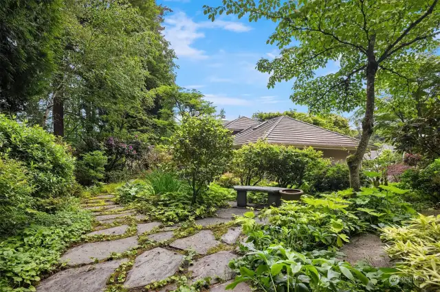 Meandering paths packed with perennials & spots to sit and enjoy.