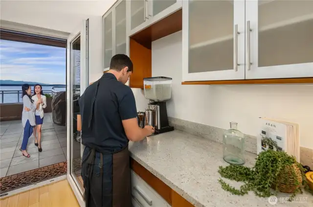 Adjacent to sprawling top deck, the bar / prep area is perfectly situated.