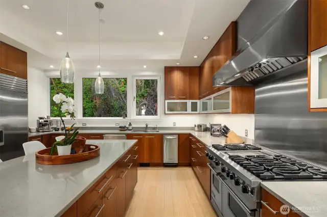 At the heart of the home lies a massive gourmet kitchen, complete with a Viking commercial-grade range, double ovens, and a Sub-Zero refrigerator—perfect for culinary enthusiasts.