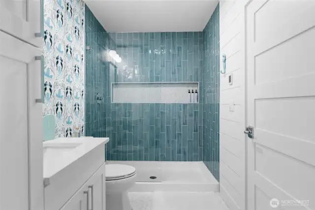 Off the cabana (with access to the full gym as well) is a 3/4 bath. The mermaids love it here.