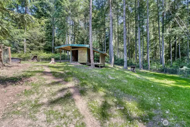 Small animal shelter in the fenced pasture area stays with the home.  Great place for small animals to get out of the elements or get food and water.  Current owner has pigs, goats and chickens.