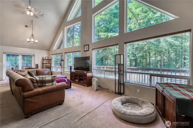 Tall vaulted ceilings with a wall of windows add so much natural light to this room.
