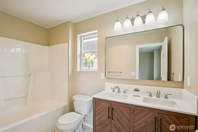 Primary bath. Virtually staged.