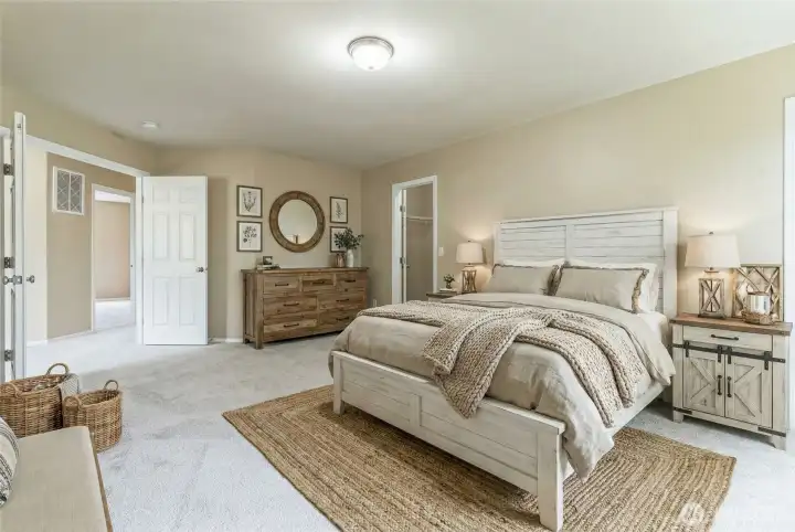 Primary Bedroom virtually staged with a farmhouse look