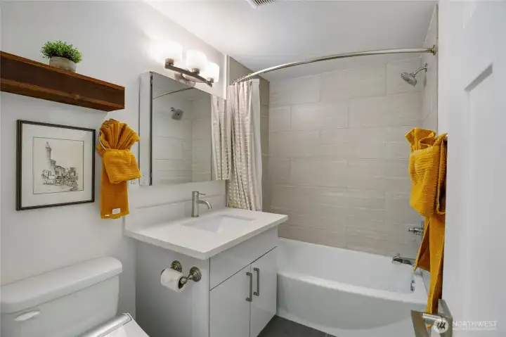 The full bathroom is great for housemates and guests alike. Updated fixtures continue here. Both bathrooms are equipped with the BioBidet BB-2000 with 20 amp direct circuit for instant hot water!