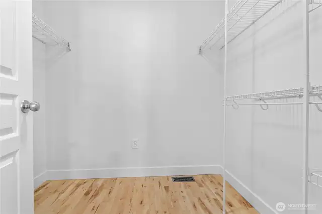 Sizable walk-in closet with attached shelving and hanging rods.