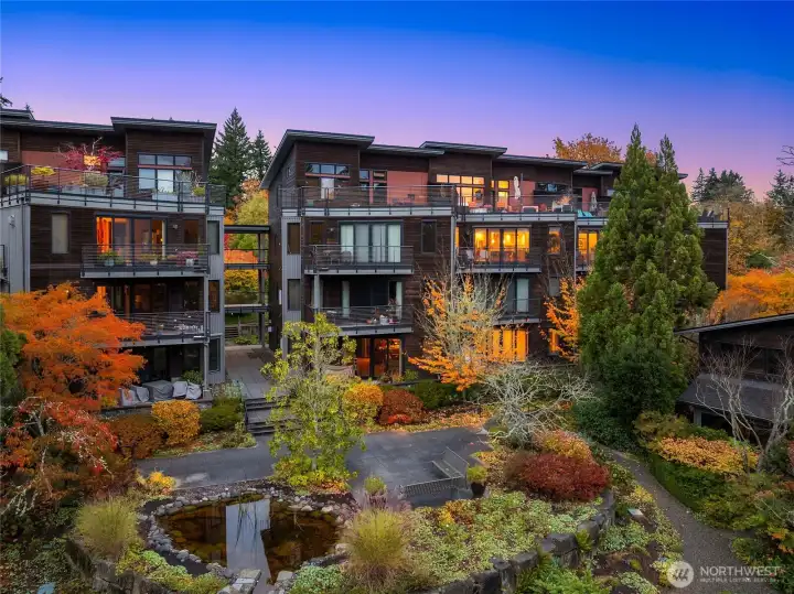 This hope occupies the top 2 stories with large decks to take in the view of the pond and surrounding greenery.