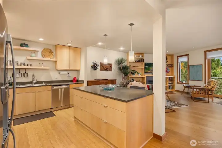 A view from the kitchen looking back at the living area.