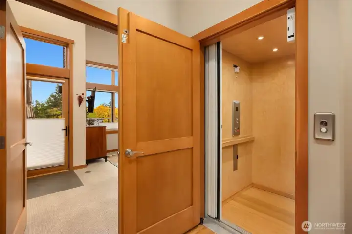 The upper level is accessible from bamboo covered stairs or the in-home elevator. This is very convenient when moving furniture.