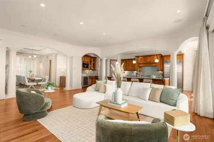 Expansive view of open concept spaces ... Living, Dining, Kitchen