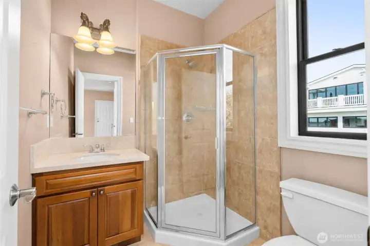 Full shower bath at apartment.