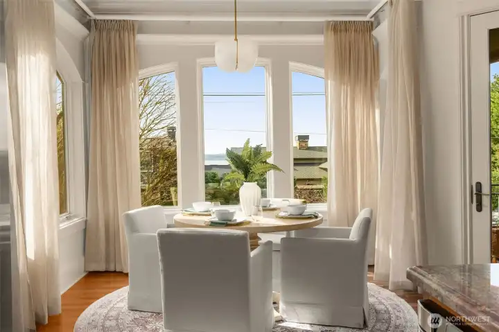 Views from sunny kitchen dining room.