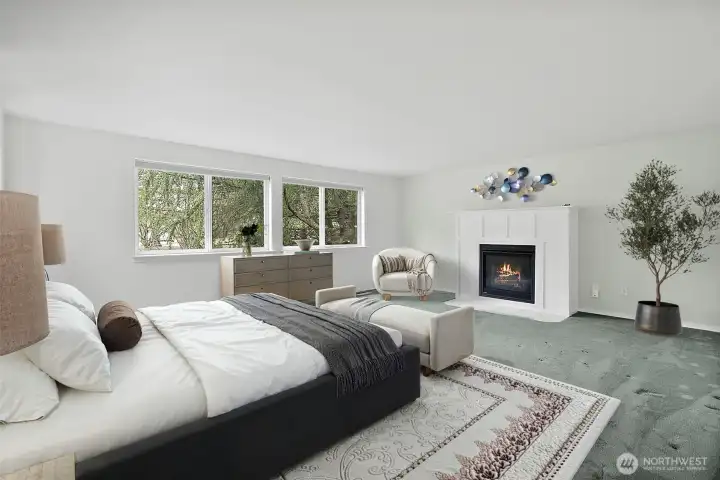 A virtually staged picture of the primary bedroom.