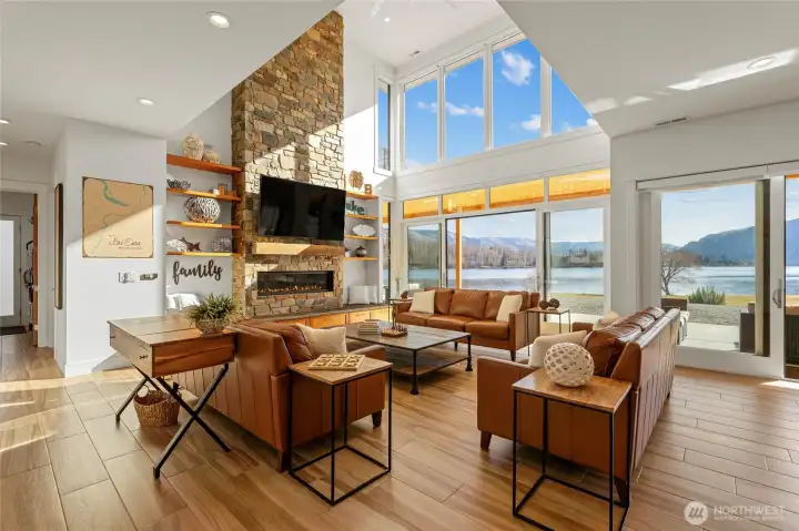 Floor to ceiling stone, radiant floors, Hunter Douglas automated shades
