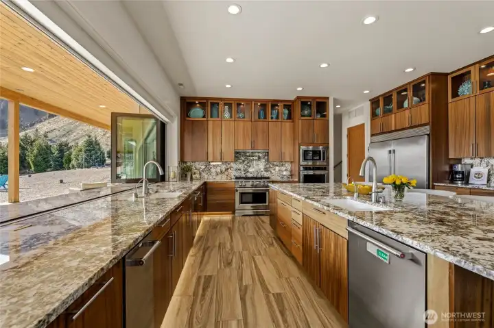 Custom Sapele African Mahogany Cabinets and granite countertops, wetbar, soda fountain and ice machine