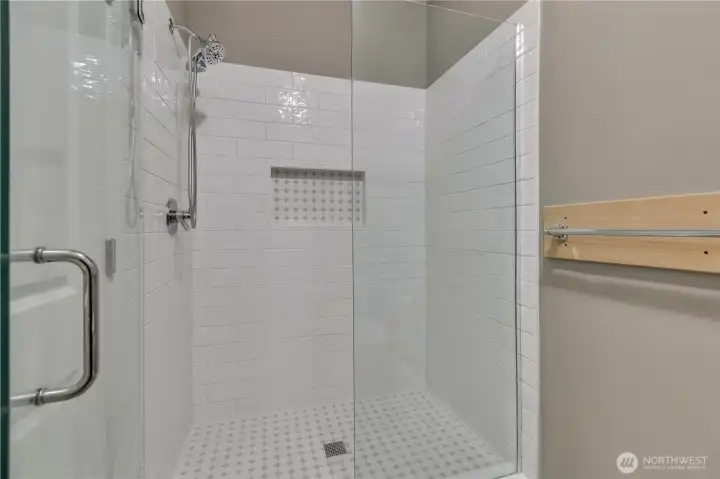 Large walk-in shower in the primary bath ~