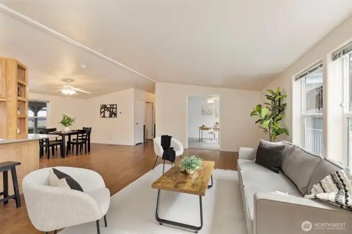 Generous living with vaulted ceilings