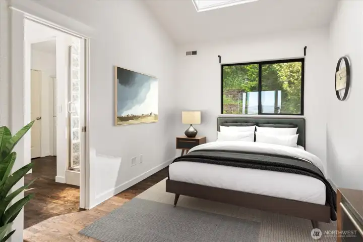 Upstairs primary bedroom (virtually staged) Upstairs primary bedroom (virtually staged)