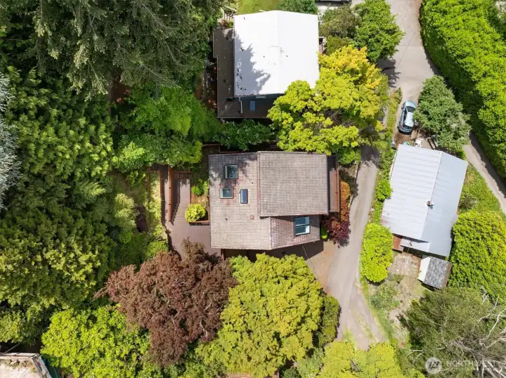 Directly overhead drone view of home Directly overhead drone view of home