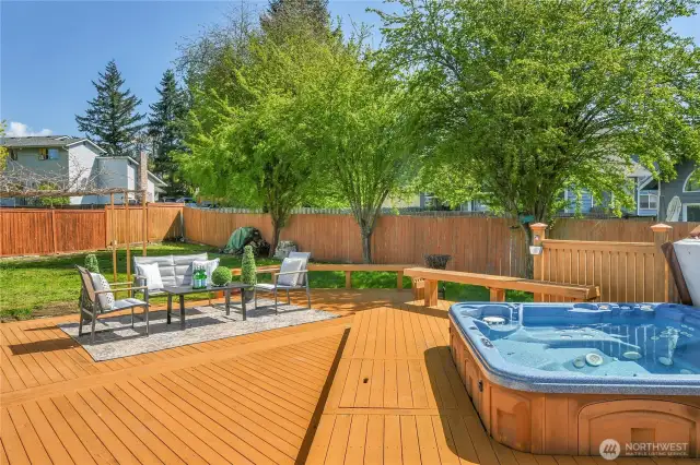 imagine relaxing or entertaining on this awesome backyard deck with hot tub!