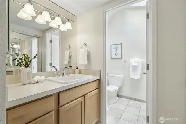Updated vanity & lights with another closet (see it in the reflection).
