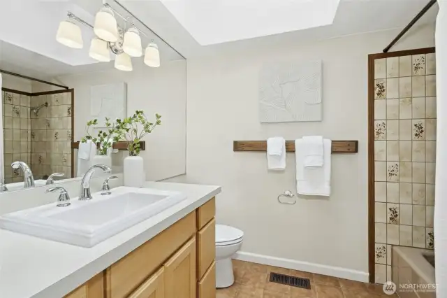 Hall bath with an updated vanity, lighting and a tub/shower combo. Skylight adds so much natural light!