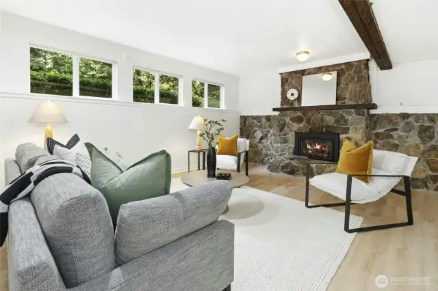 Gorgeous wood beams, gas fireplace.