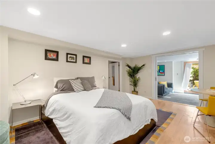 Comfortable and private guest suite with barn door closure