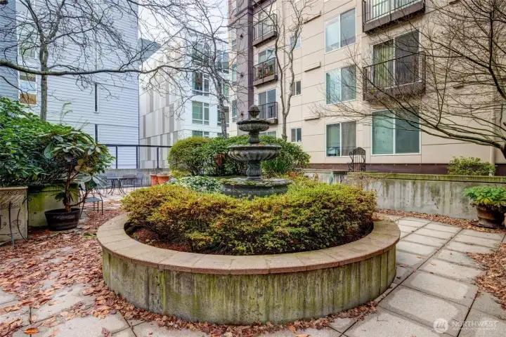 A lovely fountain is the centerpiece of the patio