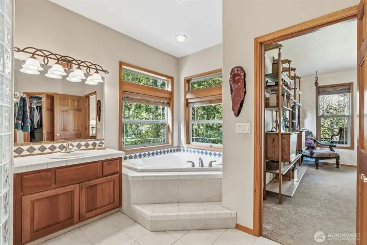 Primary Bathroom with Jetted Tub & Dual Walk-In Closets