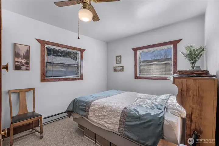 The downstairs bedroom is close to the bathroom