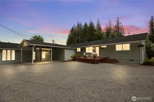 Front of home - Driveway looking at main house and the DADU and carport to the left.