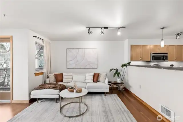 Living room with kitchen eating space