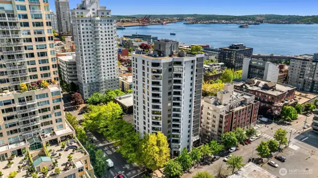 An aerial view of the Harbour Heights building.