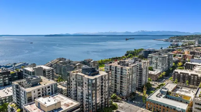 The Bay and Puget Sound with a view of the Olympics.