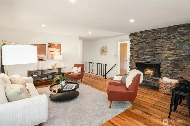 Wood fireplace and solid oak flooring