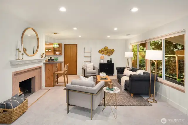 Downstairs living space with fireplace