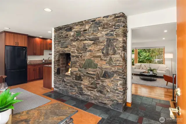 Natural stone chimney with indoor bbq